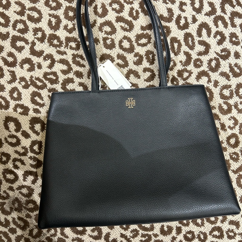 Tory Burch Black Pebbled Leather Double-Handle Tote with Gold Logo Britten tote